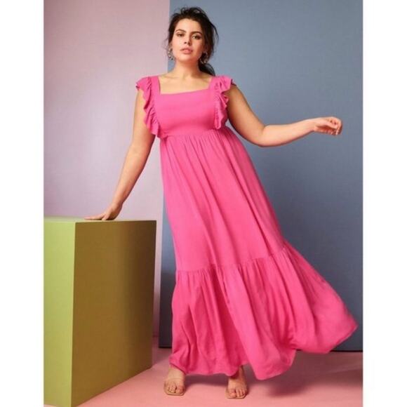 Eloquii | Hot Pink Ruffle Tiered Tie Open Back Sleeveless Plus Size Maxi Dress - Picture 1 of 10